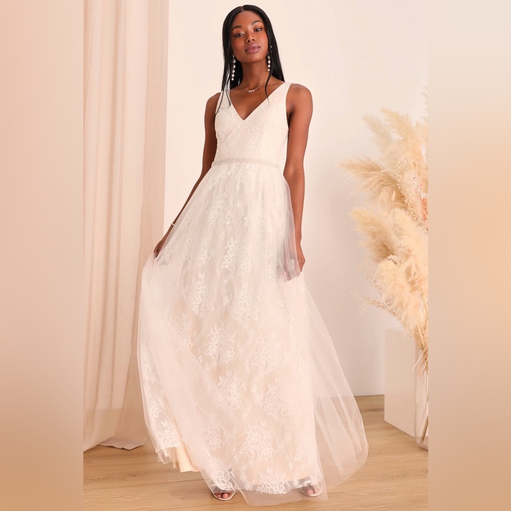 Lulus Sweet Love Ivory Lace Beaded Maxi Wedding Dress Size S Small Off White